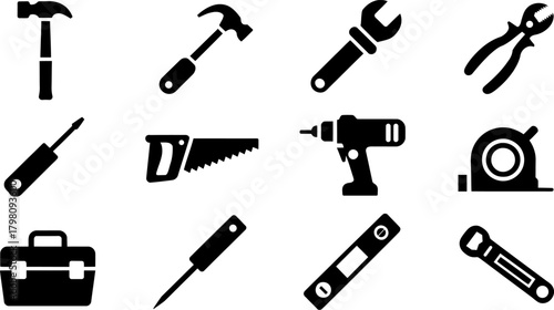 Set of Tools Vector Icons Black and White Construction and Repair