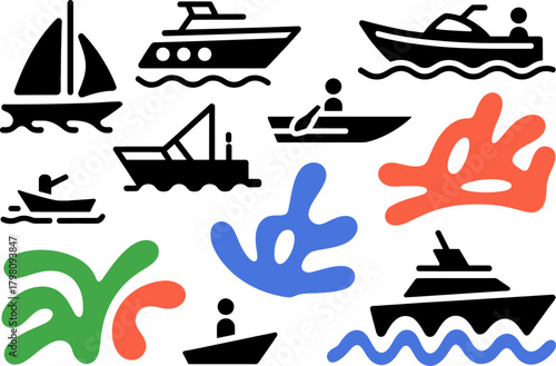 Various boats and watercraft with abstract ocean shapes illustration