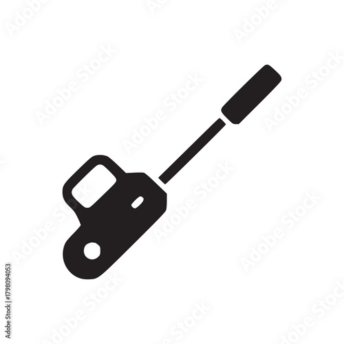A black silhouette of a handheld device with a handle and a long thin extension on a white background