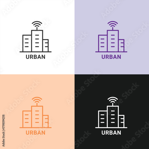 Smart City and Urban Connectivity Icon with Buildings and a Wi-Fi Signal for Metropolitan Internet, IoT, and Real Estate Technology.