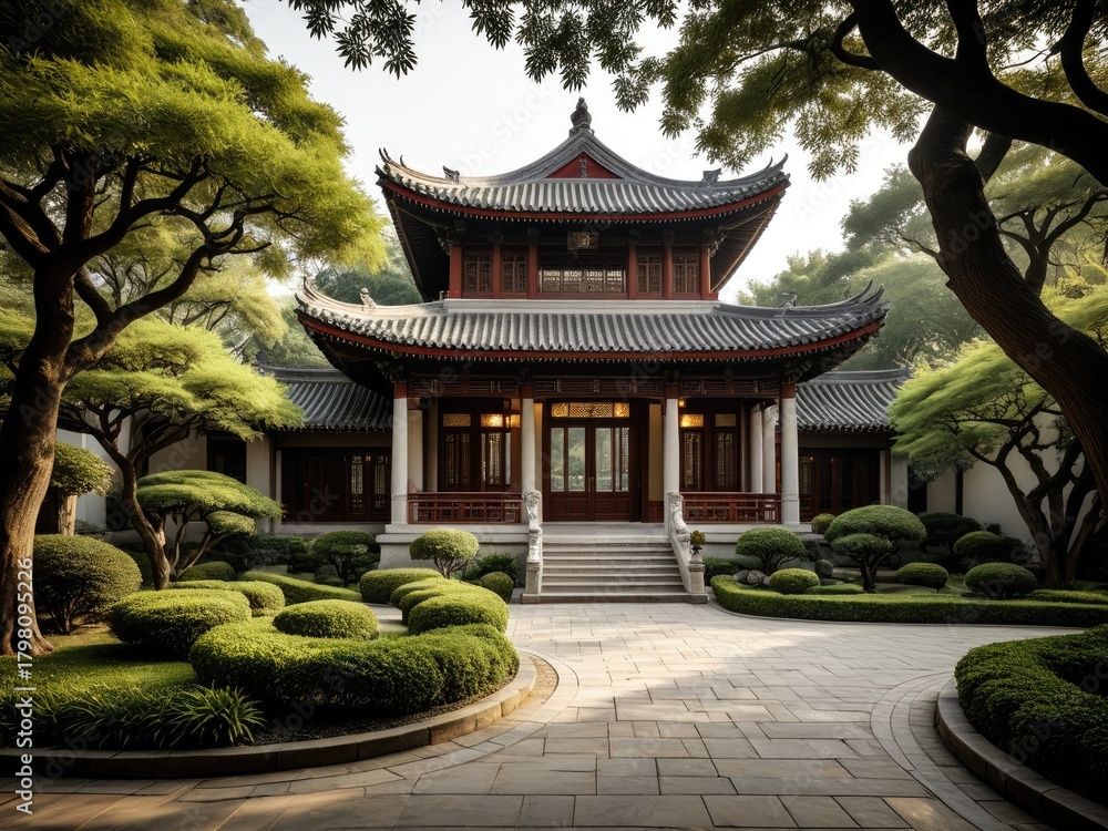 Fototapeta premium Serene Japanese Temple Garden: Traditional Architecture, Lush Greenery, Peaceful Landscape Photography for Zen and Tranquility