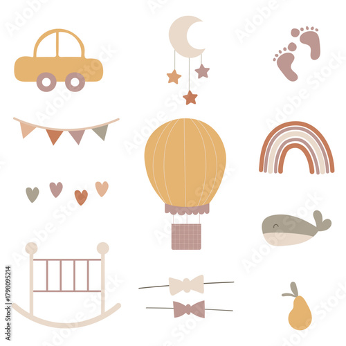 Collection of accessories for newborns. Children's toys. A set of baby items in pastel colors for design.