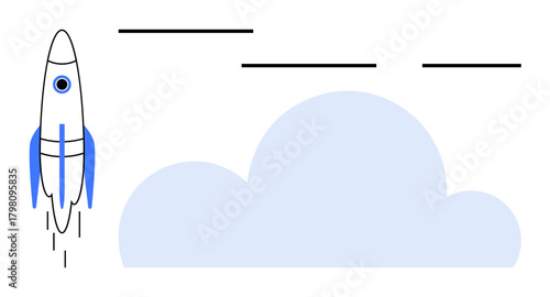 Rocket taking off next to soft blue cloud, leaving trails, with abstract horizontal lines. Ideal for innovation, growth, startup, exploration, ambition, creativity futuristic concepts simple flat