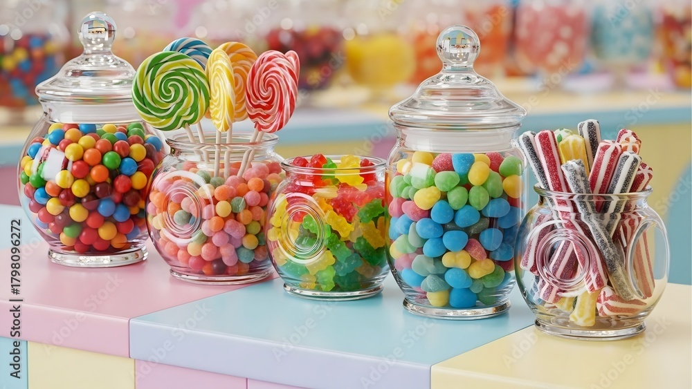 Fototapeta premium Assorted candy jars colorful sweet treats lollipops jelly beans gummy bears candy shop confectionery display