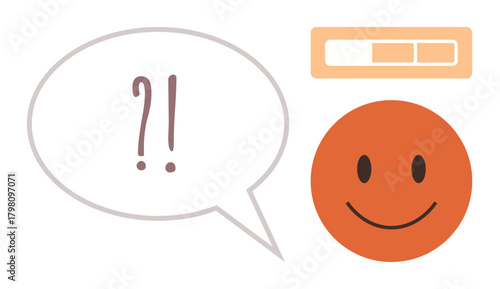 Speech bubble with punctuation, orange happy face, and progress bar represent communication, emotions, feedback, motivation, productivity, evaluation, and informational clarity in a simple flat