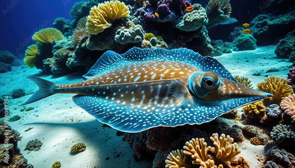 Fototapeta premium Stunning Blue Spotted Ribbontail Ray Swimming Through Vibrant Coral Reef - Underwater Photography, Marine Life, Ocean Beauty