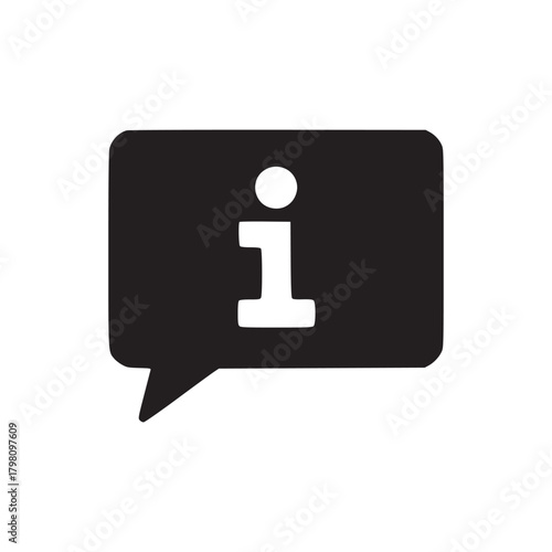 A black information icon inside a speech bubble on a plain white background in a square format