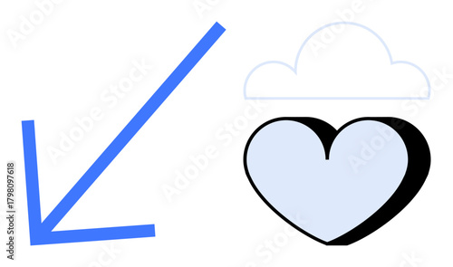 Blue downward arrow beside a cloud and heart in a minimalist graphic. Ideal for themes thumbs up emotional downturn, change, loss, mental health, heartbreak, impact, and sadness. Simple flat metaphor