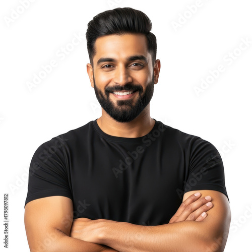 Smiling man with beard and crossed arms isolated on transparent background