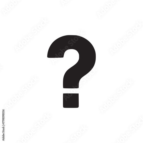 A simple graphic featuring a single black question mark centered on a white background question concept