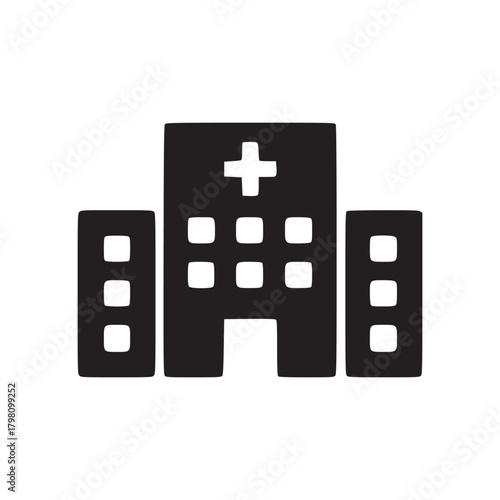 A simplistic black and white icon depicting a hospital building with a prominent cross on top center