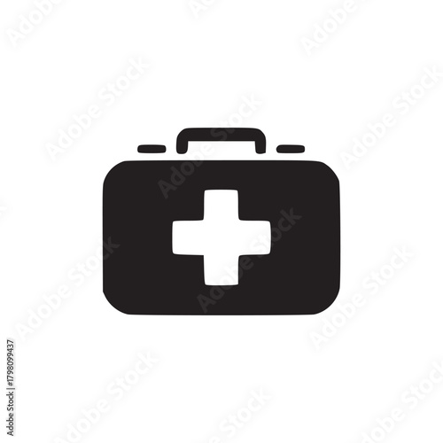 A black and white minimalist image of a first aid kit with a cross on a white background