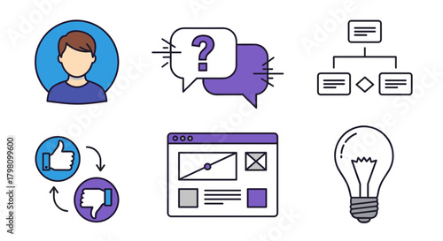 Illustration showing profile, question marks, flowchart, like dislike, website and lightbulb design