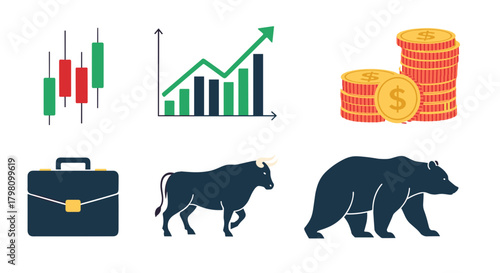 Illustration of stock market elements including candlestick chart, graph, coins, and animals