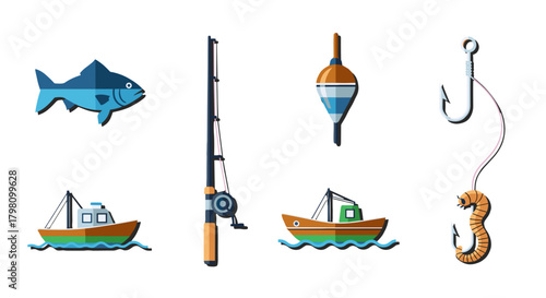 Illustration showing fishing equipment including a fish fishing rod boats and hooks on a white background