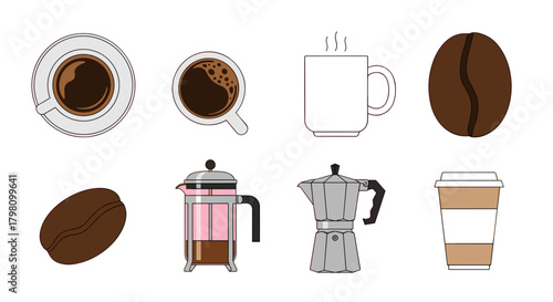 Illustration showing various coffee related items including cups beans and brewing equipment displayed