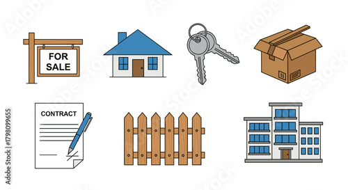 Illustration of real estate elements including house for sale keys contract and apartment complex view