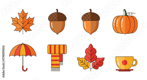 Autumn themed vector illustration featuring leaves, acorns, pumpkin, umbrella, scarf and a cup of tea