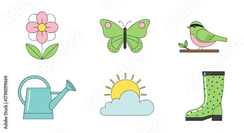 Cartoon spring icons featuring a flower butterfly bird watering can sun and rain boot in a row arrangement
