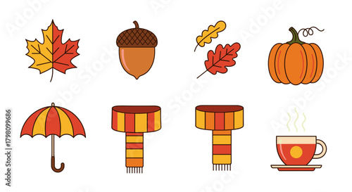 Collection of autumn themed icons featuring leaves acorn pumpkin umbrella scarves and a cup of tea
