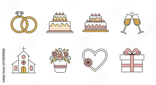 Illustration showing wedding elements including rings cake champagne church and gift box icons