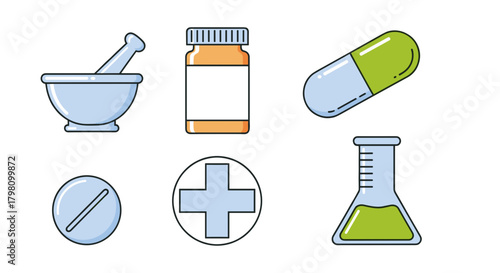 Illustration of pharmacy and medicine related icons including pills mortar and pestle and flask design