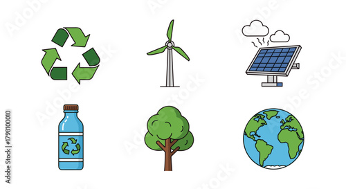 Illustration showcasing environmental sustainability with renewable energy and recycling icons present