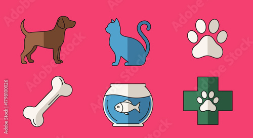 Illustration of pet care icons including a dog cat paw print bone fish and veterinary cross symbol