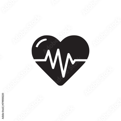 A black heart shape with a white heartbeat line inside on a plain white background isolated in the center
