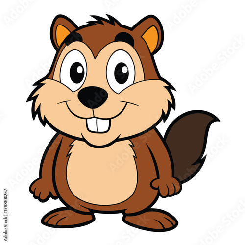 A cute cartoon illustration of a smiling squirrel with big eyes and buck teeth, , conveying a sense of playfulness and nature
