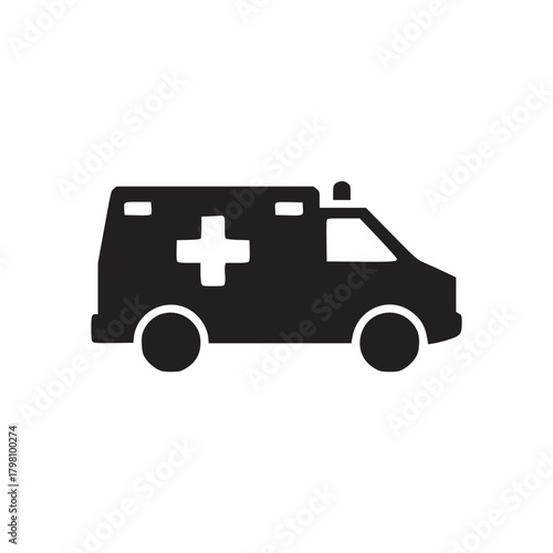 Isolated black ambulance icon on white background showing emergency medical transport vehicle design