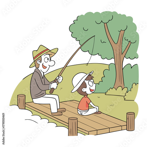 A heartwarming illustration captures a father and son fishing together from a wooden pier, set against a backdrop of lush greenery