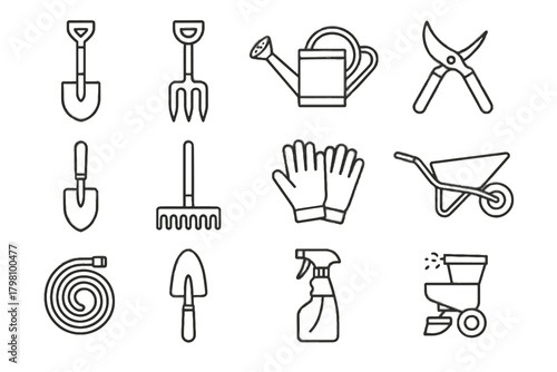 Garden soil icons gardening bottle vector shears gloves tools spade spreader icon