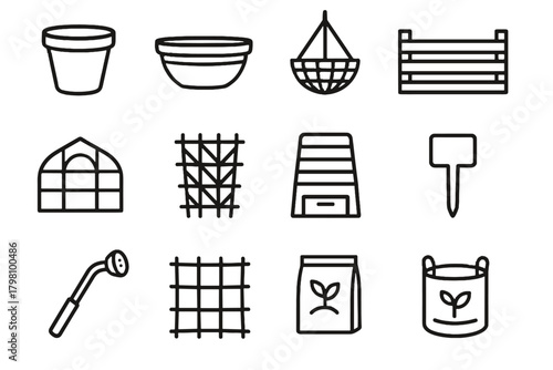 Icons greenhouse ceramic garden net pot structure vector wooden icon watering accessory