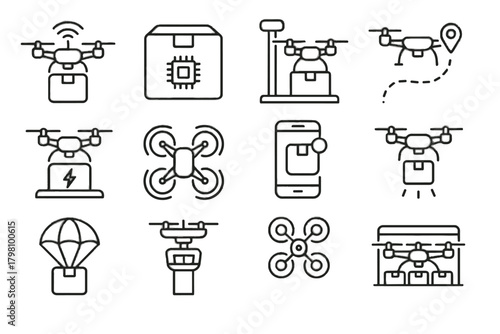 Hub vector parachute hovering drone return signal icon automated dock smart