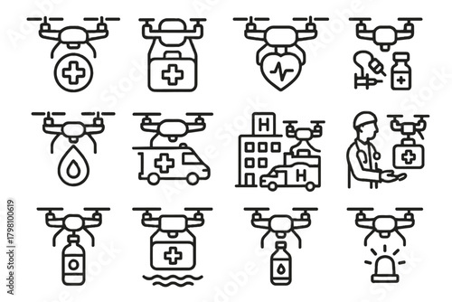 Drone pad water disaster relief medical box icon vector emer defibrillator