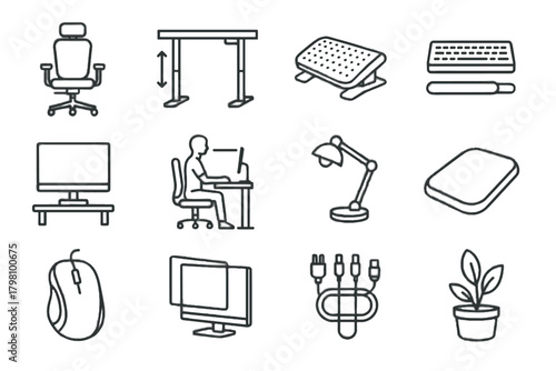 Chair wrist screen icons organizer vector workspace icon desk monitor cable ergonomic