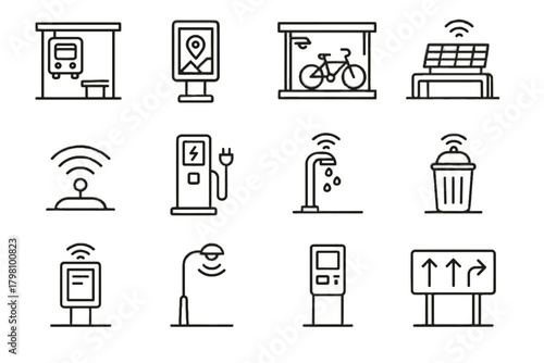 Fountain bench streetlight vector parking icon city water panel kiosk services smart