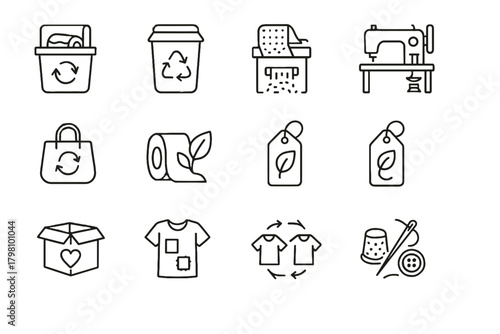 Fashion fabric kit mending icons recycling station icon circular eco textile label