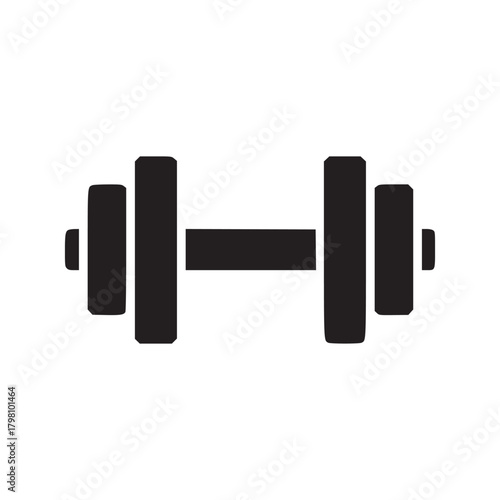 A black and white illustration of a dumbbell on a white background for fitness and exercise themes