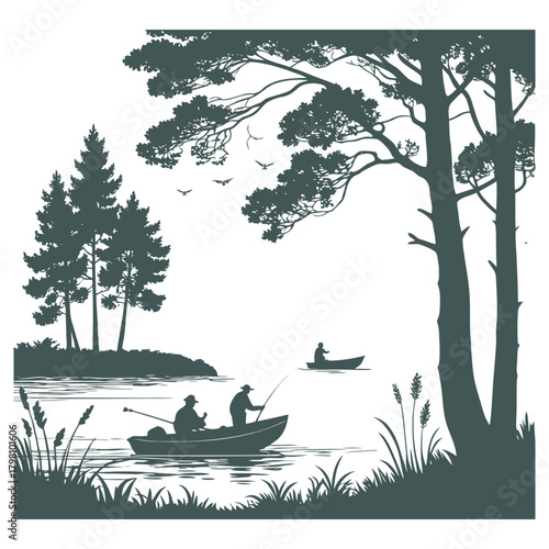Silhouette illustration of fishermen in boats on a lake surrounded by trees, creating a serene and picturesque scene
