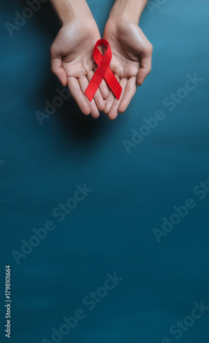 Ruban rouge symbole du Sidaction tenu dans deux mains ouvertes sur fond bleu avec espace négatif copyspace visuel de sensibilisation lutte contre le sida Journée mondiale 1er décembre