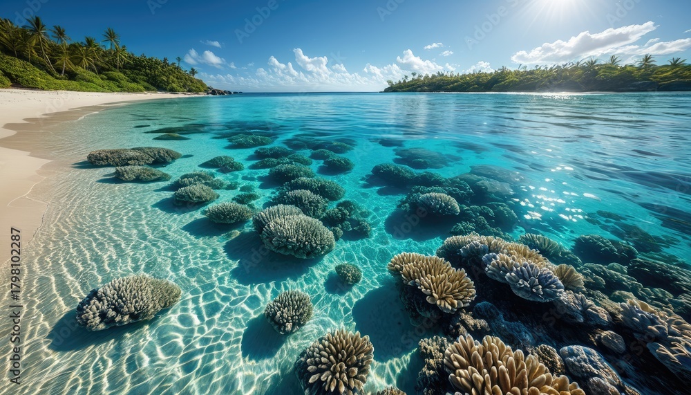 Naklejka premium Tropical Paradise: Crystal Clear Turquoise Water & Coral Reefs on a Beautiful Beach Vacation