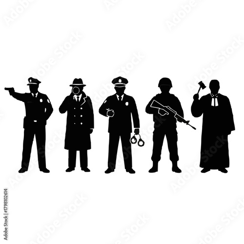 Diverse community protectors lineup in silhouette: Police detective, officer, soldier, judge showcasing law enforcement and justice system career options