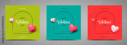 Valentine's Day card templates design.3d red and pink  hearts with frame on colorfully background. Vector illustration