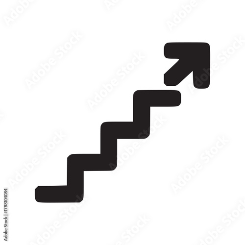 A simple black and white illustration of an arrow pointing up the stairs on a white background