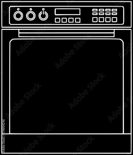 Black dishwasher appliance illustration with round and rectangular buttons, framed with white line
