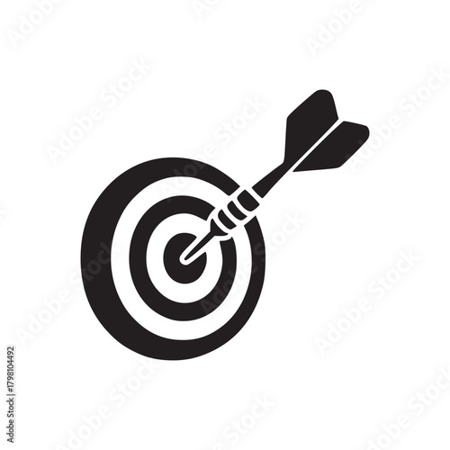 A graphic illustration of a black dart hitting the center of a target on a white background surface