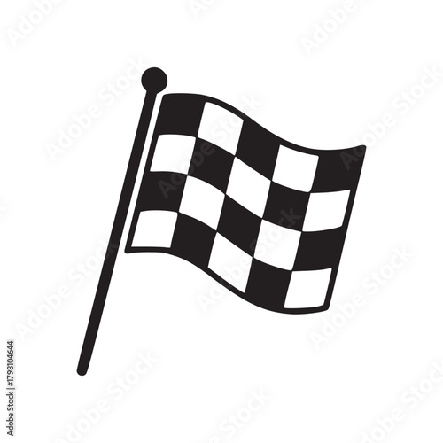 A simple black and white checkered flag waving on a pole against a stark white background design element