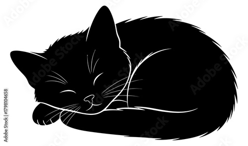 Adorable Black Kitten Sleeping Curled Up Cute Pet Silhouette Vector Icon